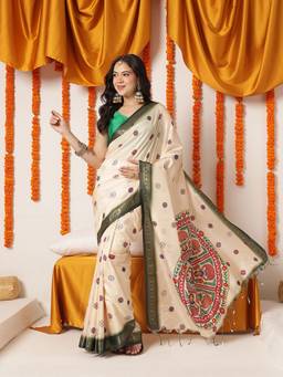 Silk Land - Women's Beige Soft Silk Madhubani Printed Pallu and Border Saree