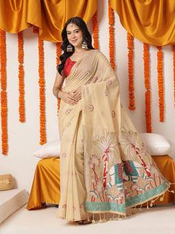 Silk Land - Beige Handloom Inspired Premium Cotton Saree