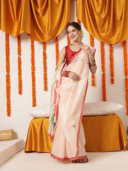 Silk Land - Beige Floral Printed Cotton Chanderi Saree