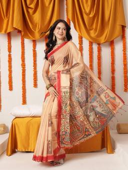 Silk Land - Beige Madhubani Printed Chanderi Cotton Saree