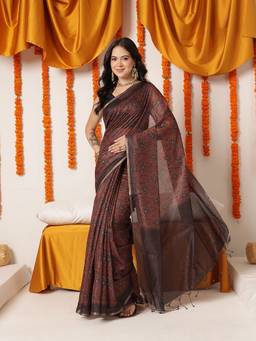 Silk Land - Brown Floral Printed Cotton Chanderi Saree