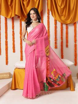 Silk Land - Pink Modern Women's Printed Cotton Saree