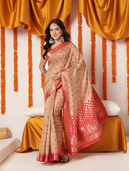Silk Land - Beige Woven Work Banarasi Cotton Silk Saree