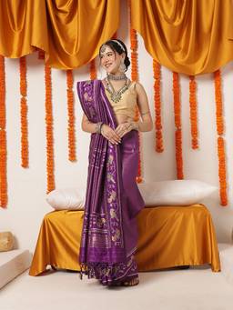 Silk Land - Purple Pure Weaving Crushed Tissue Inspired Ikkat Woven Saree