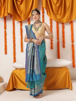 Silk Land - Teal Tissue Inspired Pure Weaving Gala Patola Saree
