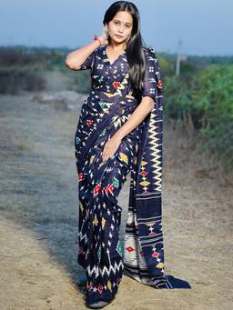 URBAN PALLU - Navy Blue Pure Cotton Printed Designer Saree
