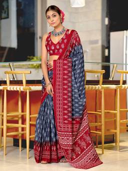URBAN PALLU - Grey Ethnic Motifs Pure Cotton Saree