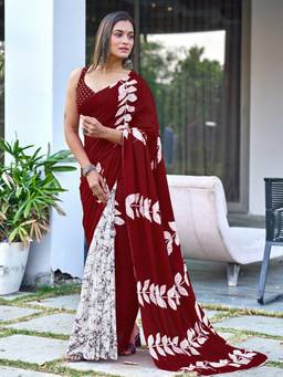 URBAN PALLU - Maroon Batik Pure Cotton Half and Half Saree