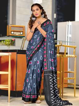 URBAN PALLU - Grey Ethnic Motifs Pure Cotton Saree