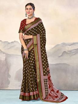 URBAN PALLU - Brown Floral Zari Pure Cotton Saree