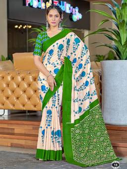 URBAN PALLU - Cream Ethnic Motifs Pure Cotton Saree