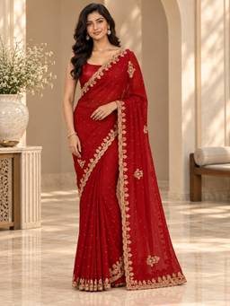 Vervee Couture - Red Embellished Poly Georgette Saree
