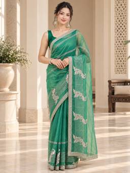 Vervee Couture - Green Embroidered Poly Net Saree