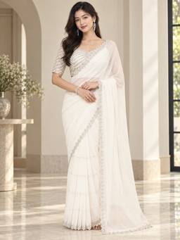 Vervee Couture - Off White Embellished Poly Georgette Saree