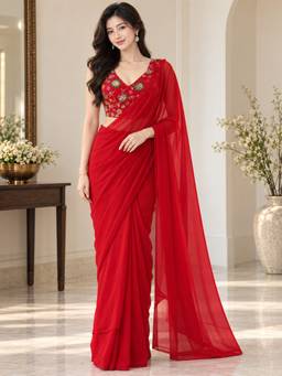 Vervee Couture - Red Embellished Poly Georgette Saree