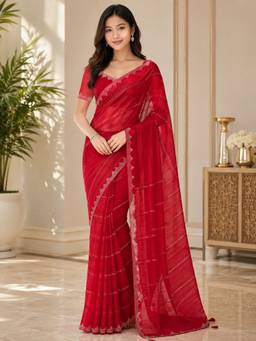 Vervee Couture - Red Silver-Toned Stone Embellished Poly Georgette Saree