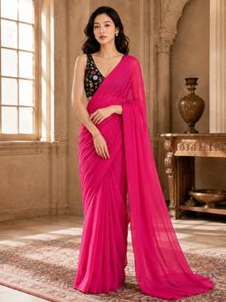 Vervee Couture - Pink Solid Poly Georgette Saree
