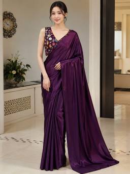 Vervee Couture - Purple Solid Satin Saree