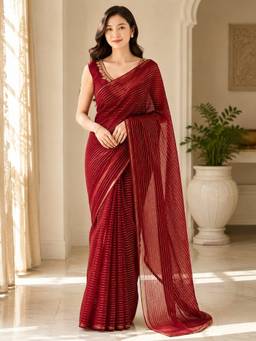 Vervee Couture - Maroon Striped Georgette Saree