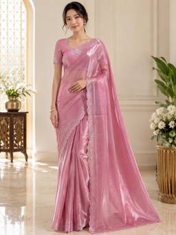Vervee Couture - Pink Embellished Tissue Organza Saree
