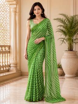 Vervee Couture - Green Leheriya Georgette Saree
