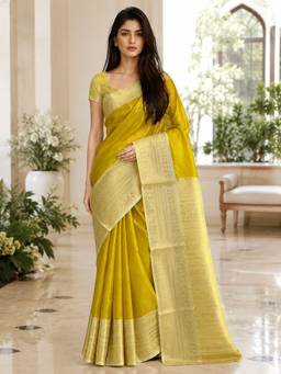 Vervee Couture - Yellow Ethnic Motifs Woven Design Zari Silk Blend Saree