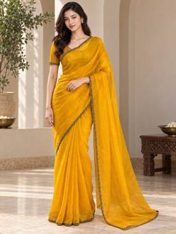 Vervee Couture - Mustard Yellow Solid Tissue Saree