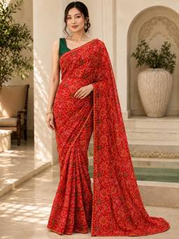 Vervee Couture - Red Bandhani Printed Georgette Saree