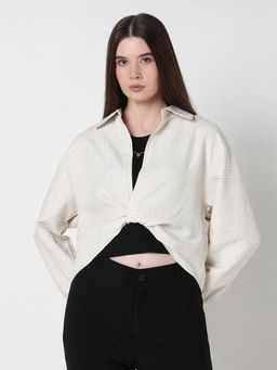 SHOWOFF - Women Checked Cream Collar Crop Top with Inner Tank Top and Neck Chain (Set of 3)