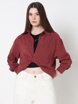 SHOWOFF - Women Striped Maroon Collar Crop Top with Inner Tank Top and Neck Chain (Set of 3)