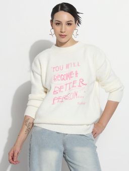 SHOWOFF - Edition Women Printed White Round Neck Fuzzy Top