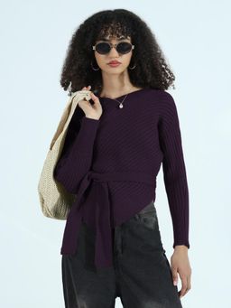 SHOWOFF - Edition Women Ribbed Purple Asymmetric Top with Waist Belt (Set of 2)