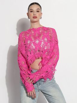 SHOWOFF - Edition Women Floral Pink Sheer Fringe Hem Crochet Crop Top