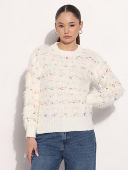 SHOWOFF - Edition Women Cream Round Neck Knitted Fuzzy Top