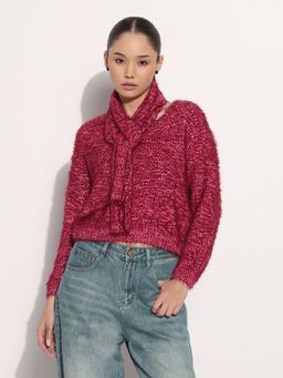 SHOWOFF - Women Pink V-Neck Knitted Top with Scarf (Set of 2)