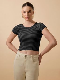 SHOWOFF - Women Striped Ribbed Black with Round Neck Short Top