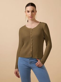 SHOWOFF - Women Ribbed Olive Full Sleeves Top with Gold Buttons