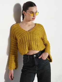 SHOWOFF - Edition Women Mustard V-Neck Knitted Crop Top