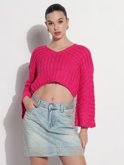 SHOWOFF - Edition Women Pink V-Neck Knitted Crop Top