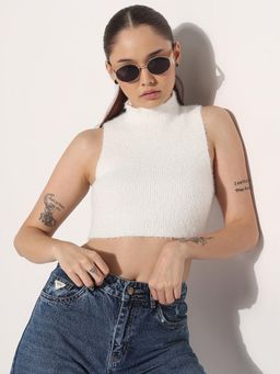 SHOWOFF - Edition Women Ribbed Off White High Neck Sleeveless Knitted Crop Top