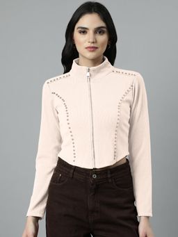SHOWOFF - Women Self Design Beige High Neck Top