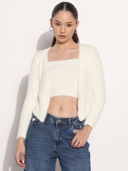 SHOWOFF - Women Off White Shoulder Straps Sleeveless Knitted Crop Top with Shrug (Set of 2)