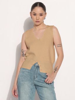 SHOWOFF - Edition Women Ribbed Beige V-Neck Sleeveless Knitted Tank Top