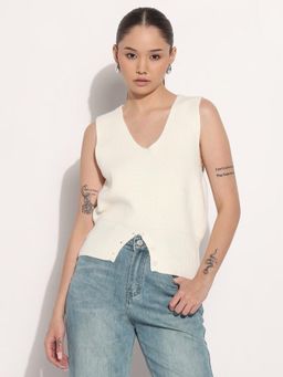 SHOWOFF - Edition Women Ribbed Off White V-Neck Sleeveless Knitted Tank Top