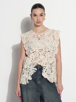 SHOWOFF - Edition Women Crochet Cream Asymmetric Hem Top