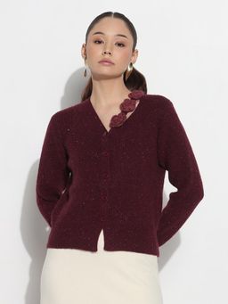 SHOWOFF - Edition Women Ribbed Burgundy V-Neck Embellished Knitted Top