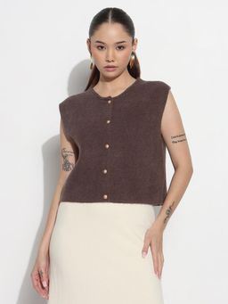 SHOWOFF - Edition Women Ribbed Brown Round Neck Sleeveless Knitted Crop Top
