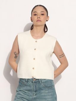 SHOWOFF - Edition Women Ribbed Off White Round Neck Sleeveless Knitted Crop Top
