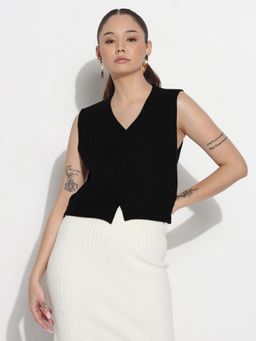SHOWOFF - Edition Women Ribbed Black V-Neck Sleeveless Knitted Crop Top