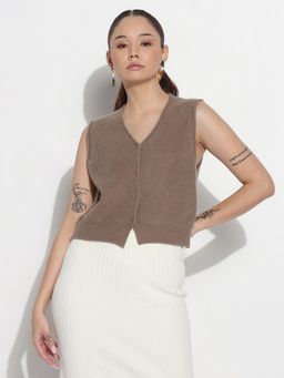 SHOWOFF - Edition Women Ribbed Brown V-Neck Sleeveless Knitted Crop Top